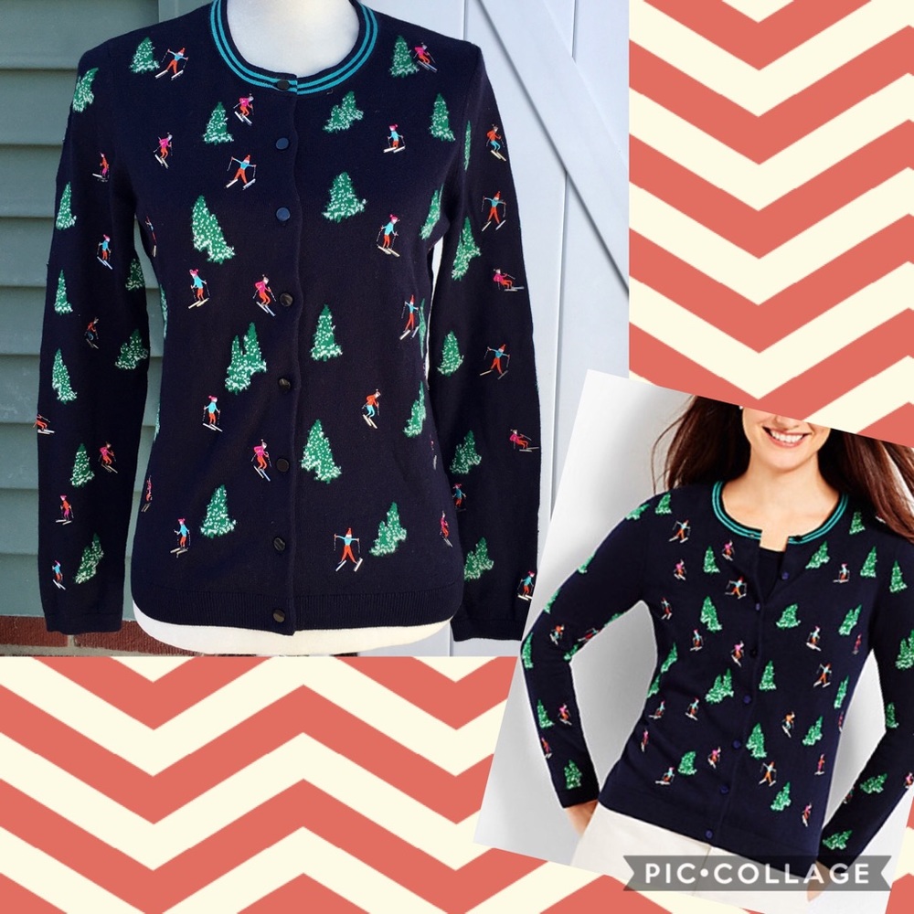 Talbots Skiers & Evergreens Beaded Cardigan Size S